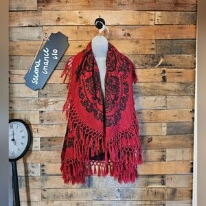 Veond Women's Dark Red & Black Floral Boho Cottage fringe sleeveless Vest Sz S/M